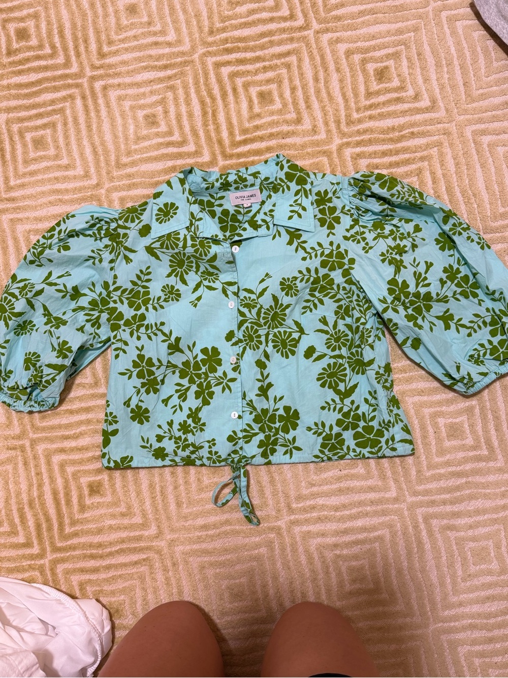 Puff-Sleeve Mint Green Floral Button-Front Blouse